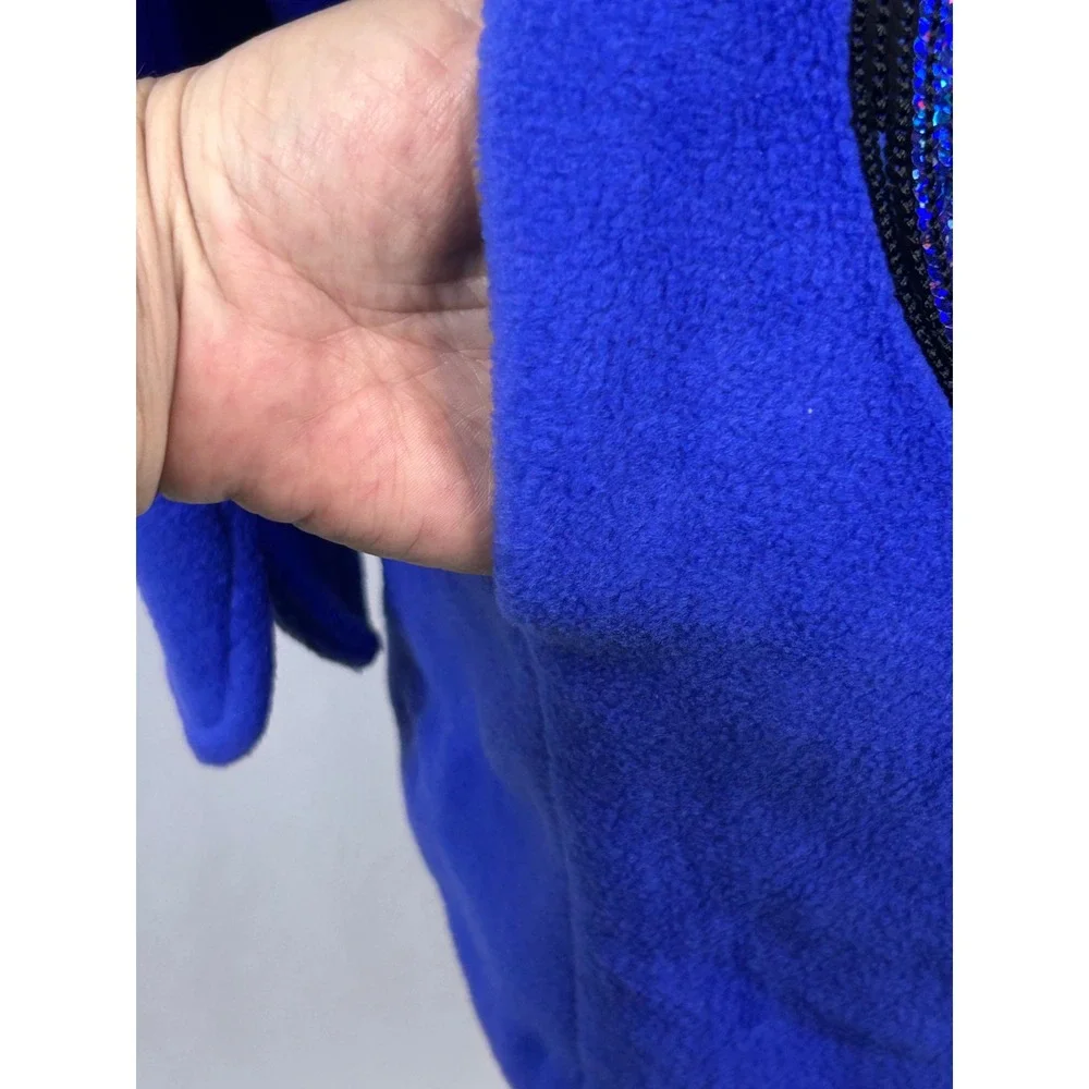Royal Blue Fleece Sequin Swirl Shawl Collar Button Up Jacket Cardigan Women L